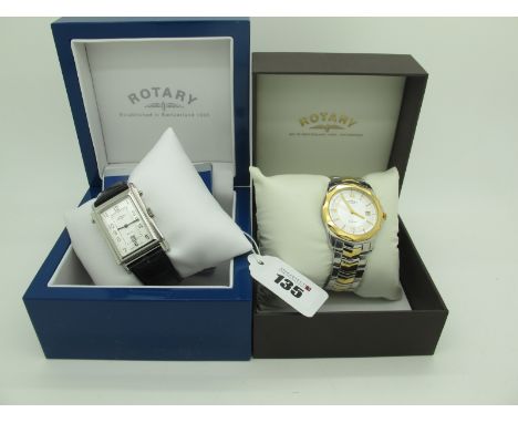 Rotary; A Modern Elite 'Reverso' Style Wristwatch, on a strap, in a Rotary box; together with a bi-colour Rotary gent's wrist