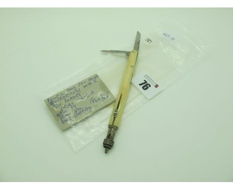 A Late XIX Century Combination Ivory Pen/Penknife, the blades stamped "Paragon, J and W Ragg," lacking nib.