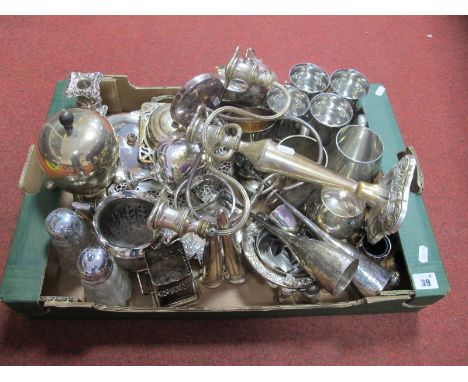 Assorted Plated Ware, including egg coddler on burner stand, twin branch candelabrum, mugs, goblets, pair of champagne flutes