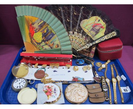 Ladies Wristwatches, an antique openface pocketwatch (damages / incomplete), cufflinks, souvenir spoons, decorative mother of