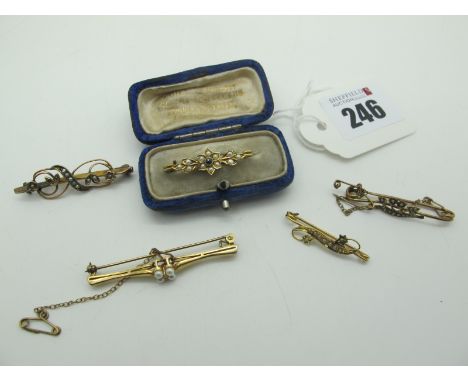 A 9ct Gold Pearl Set Bar Brooch, together with Edwardian seed pearl brooches etc. 