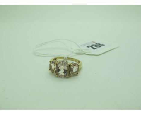 A QVC Modern 9ct Gold Three Stone Dress Ring, oval claw set (finger size M) (2.7grams). 