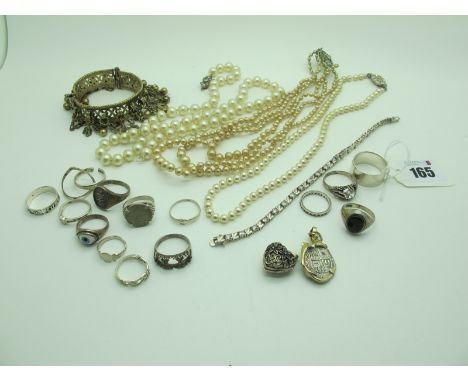 Assorted Rings, including hallmarked silver and "925", a modern line bracelet stamped "925", imitation pearls, Middle Eastern