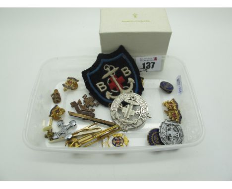 A Collection of Boys Brigade Enamel and Other Badges, cloth badge, a '9ct on Silver' tie slide etc. 