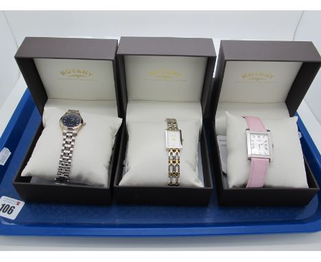 Rotary; Three Modern Ladies Wristwatches, boxed. (3) 