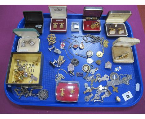 Assorted Cufflinks, enamel and other badges including Filey Butlins 1957, Pontin's Middleton Tower, tie clips, a hallmarked s