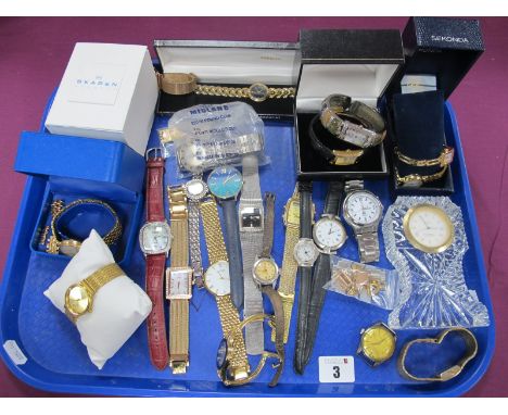 A Collection of Assorted Ladies amd Gent's Wristwatches, including Rotary, Sekonda, Skagen, Cathedral Crystal clock etc :- On