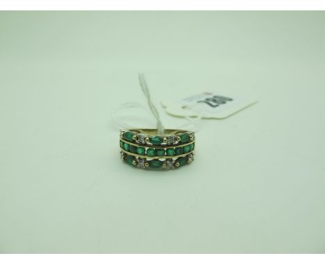 A QVC Modern 9ct Gold Emerald and Diamond Set Dress Ring, of three row design, channel set to the centre (finger size O) (3.4