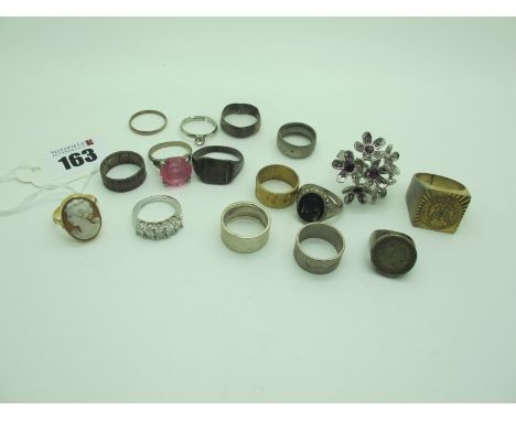 Assorted Dress Rings, including George V 1920 threepence, an oval shell carved cameo ring (indistinctly stamped) etc. 