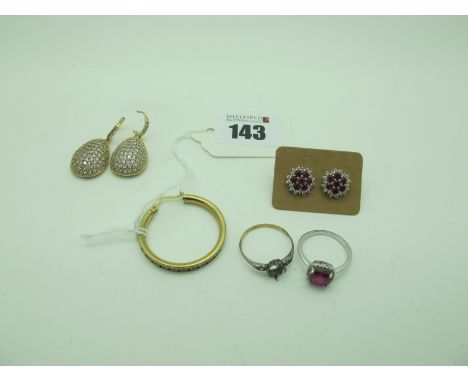 925 and Another Ring, (damage / stone missing), a pair of teardrop earrings (damages / incomplete) odd hoop earring, cluster 