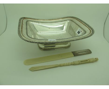 A Mid XIX Century Silver Plated on Copper Dish, of shaped rectangular footed form, 25cm long, an ivory late XIX Century Stanh