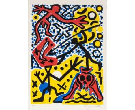 A. R. Penck (d. i. Ralf Winkler)1939 Dresden - 2017 Zürich - "Urzeitjäger" - Farbserigrafie/Papier. 5/50. 94 x 67 cm, 104,5 x