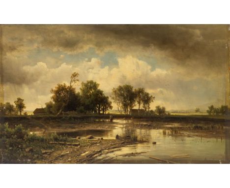 Adolf Chwala1836 Prag - 1900 Wien - Weite Flusslandschaft - Öl/Holz. Parkettiert. 36 x 58 cm. Sign. r. u.: AChwala (ligiert).