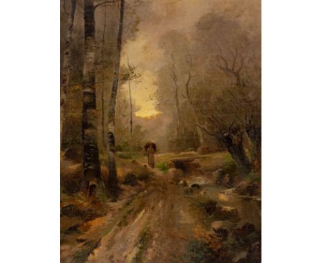 Künstler des 19./20. Jahrhunderts- Reisigsammlerin im Wald - Öl/Lwd. Doubl. 60 x 46 cm. Restmonogramm oder Restsignatur r. u.