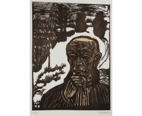 Erich Heckel1883 Döbeln - 1970 Radolfzell - "Bildnis" - Farbholzschnitt/Japanbütten. Probe(druck). 53,4 x 38,8 cm, 75 x 54 cm