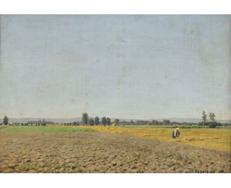 Adolf Wissel1894 Velber - 1973 Hannover - Bei der Feldarbeit - Öl/Karton. 33,8 x 47,7 cm. Sign. und dat. r. u.: Wissel (19)26