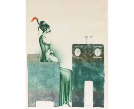 Paul Wunderlich1927 Eberswalde - 2010 Saint-Pierre-de-Vassols - "Dame mit Hut und Hund bei Tisch" - Farblithografie/Papier. 7