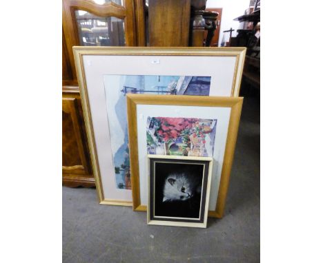 A LARGE FRAMED COLOUR PRINT, CONTINENTAL LAKE SIDE PROMENADE, ANOTHER 'PAUL SIMONS MIDDAY SUN' AND A PAINTING  OF A CATS HEAD