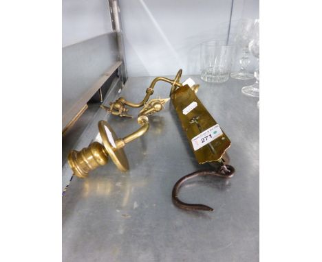 TWO BRASS WALL CANDLE HOLDERS, AND A PAIR OF SALTERS SPRING BALANCE SCALES