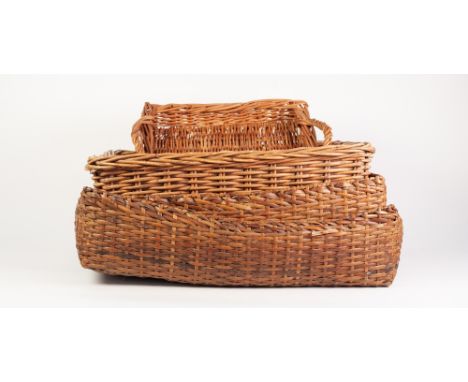 TWO HANDLED OBLONG WICKER TRUNK, 15 ½" (39.3cm) high, 24" x 15" (61cm x 38.1cm), together with TWO SMALL OBLONG TWO HANDLED O