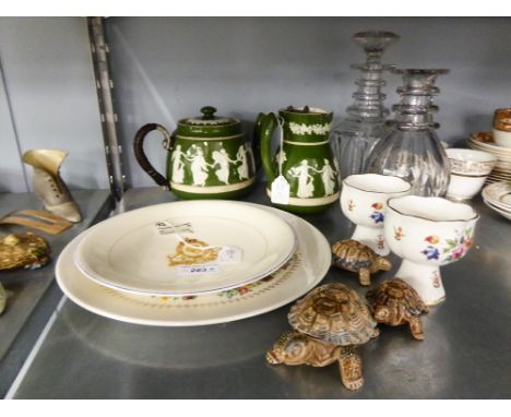 TWO VICTORIAN GLASS DECANTERS (one stopper absent) AND A FEW CERAMIC ITEMS 