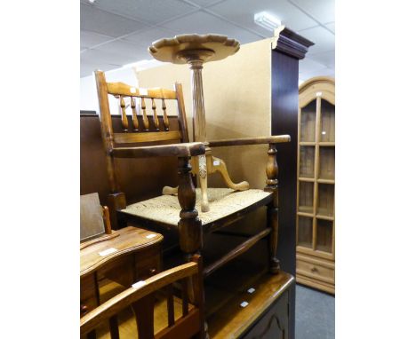 AN ELM LOW SEATED RUSH SEAT ARMCHAIR AND A TRIPOD WINE TABLE 