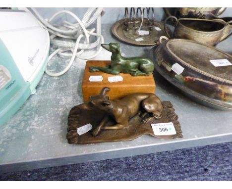 BRONZE CASED MODEL OF A GREYHOUND ON A RUG, SIGNED WITH INITIALS O.F.A., 7 3/4" long AND A GREEN PATINATED BRONZE MODEL OF A 
