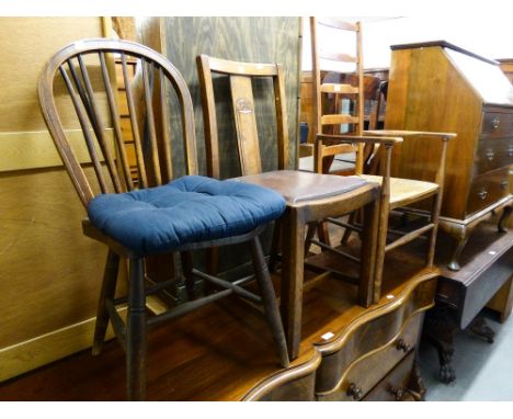 A HARDWOOD LADDER BACK NURSING CHAIR, WITH RUSH SEAT AND TWO DINING CHAIRS (3) 