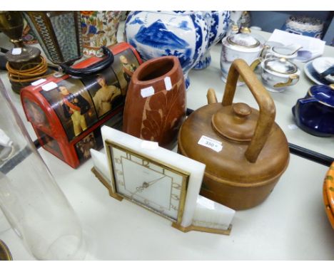 ART DECO STYLE ONYX MANTLE CLOCK WITH GILT NUMERALS, A LARGE WOODEN FLAT BOTTOMED KETTLE WITH CARVED FLORAL DECORATION, A WOO