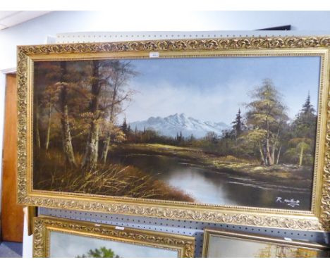 R. HONTERY? (TWENTIETH/ TWENTY FIRST CENTURY) OIL PAINTING ON CANVAS Upland lake scene with snow-capped mountains in the dist