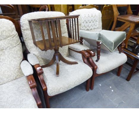 A PAIR OF ERCOL STYLE ELM WINGED FIRESIDE ARMCHAIRS, UPHOLSTERED AND COVERED IN LEAF SCROLL EMBOSSED COLOURED FABRIC 