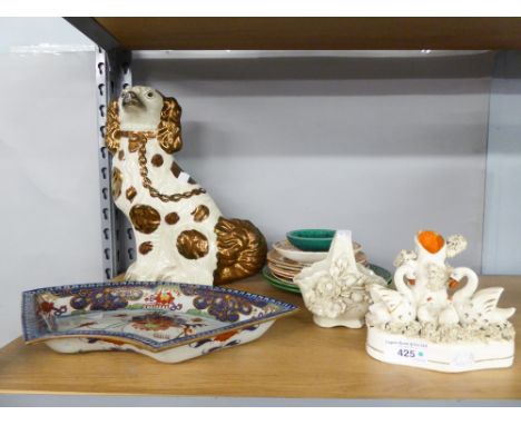 QUANTITY OF POTTERY VARIOUS TO INCLUDE; STAFFORDSHIRE POTTERY LARGE MANTEL DOG, 13" HIGH, STAFFORDSHIRE POTTERY SPILL HOLDER,