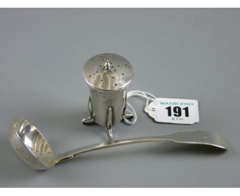 A fiddle pattern silver cream ladle, 1.6 troy ozs, Dublin 1825 and a beaten silver shaped pepper pot on four 'wirework' suppo