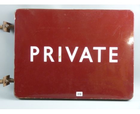 A British Rail burgundy enamel sign with the word 'Private' in white enamel to one side, 46 cms high, 66 cms approximate widt