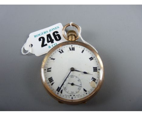 A nine carat gold encased gent's pocket watch with white enamel dial (damage to dial)