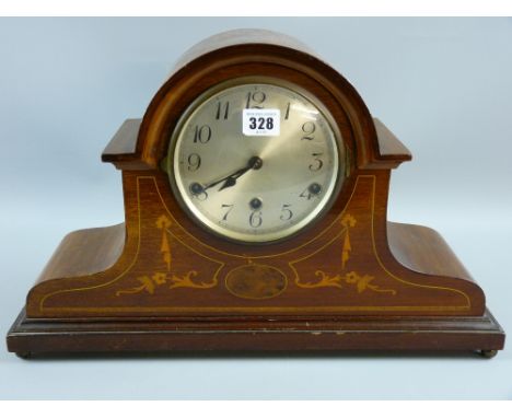 An Edwardian inlaid mahogany chiming mantel clock with pendulum and key (care needed, dial door not attached)