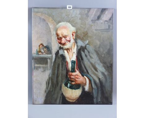 Continental School oil on canvas, unframed - a jovial bearded gentleman holding a wine flask, indistinctly signed, 61 x 51 cm