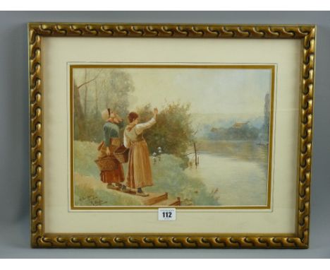 R DOUGLAS late 19th/early 20th Century watercolour - titled 'At the Ferry' depicting two young maidens at the water's edge wi
