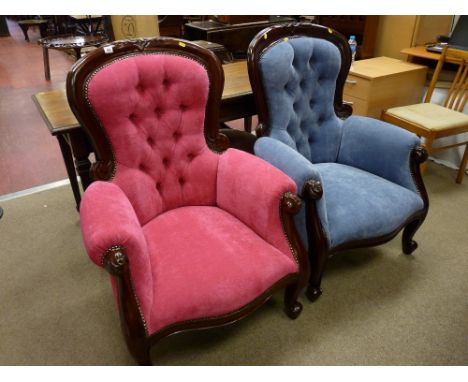 A pair of reproduction mahogany Victorian style button backed armchairs, one pink and one blue upholstered, 104 cms high, 76 