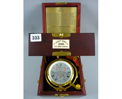 Joseph Sewill a 20851 gimballed clock in a dual lid, mahogany case with brass fittings and carrying handles, 20 cms high, 19 