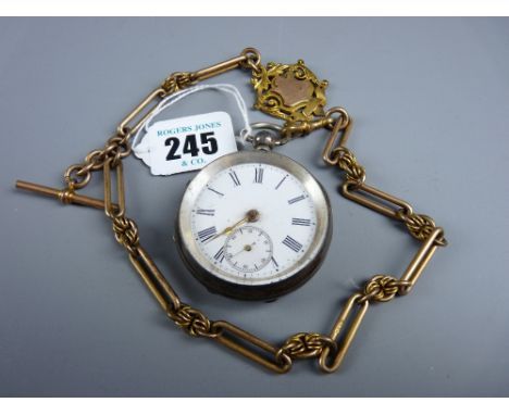 A silver encased gent's pocket watch with white enamel dial and Roman numerals and a yellow metal oblong link Albert with T-b