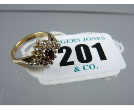 A 925 gilt, ruby and diamond cluster ring, Chester hallmark, having an oval centre ruby with ten surrounding diamonds, 2.9 gr