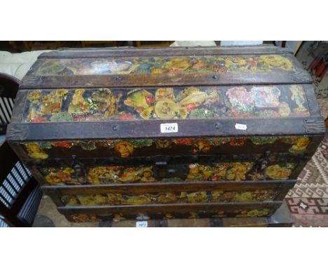 A 19th century dome-top slatted trunk, with decoupage decoration, L71cm 