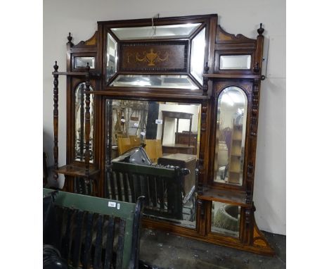 A late Victorian rosewood beveled-edge over-mantel mirror, swag and urn marquetry inlaid decoration and stringing, W138cm, H1