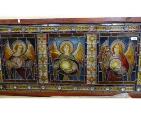 A lead light glass panel, with portraits of 3 angels, length 46" 