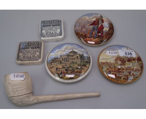 3 Victorian Prattware pot lids and 2 others, and a clay pipe 