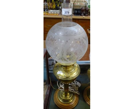 An Antique brass oil lamp, with chimney and shade, 24.5" 