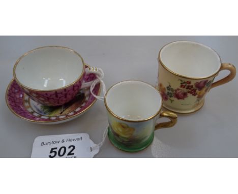 2 Royal Worcester miniature mugs with painted decoration, and a German porcelain Cabinet cup and saucer 