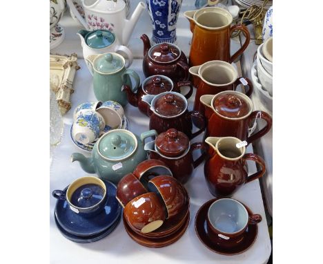 Brown Denby teapots, a green Denby teapot, and Mason's teaware 