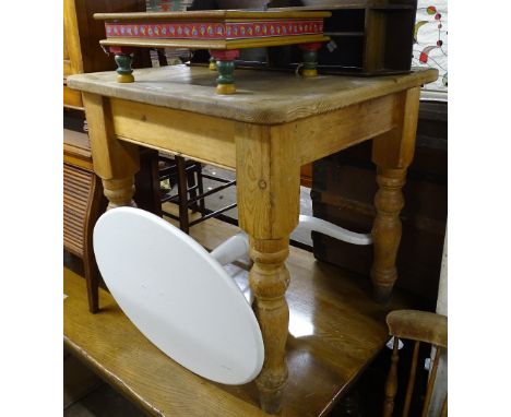 A square top pine kitchen table, a painted oval table, a Kashmiri stool, and a shelf (4) 